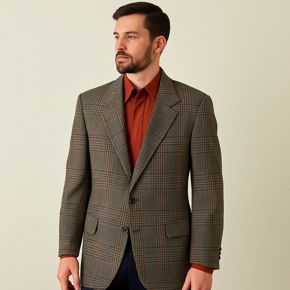 VTG 70s/80s Oakton Ltd. 100% Pure Wool Glen Plaid Blazer Brown Men's SZ 42S